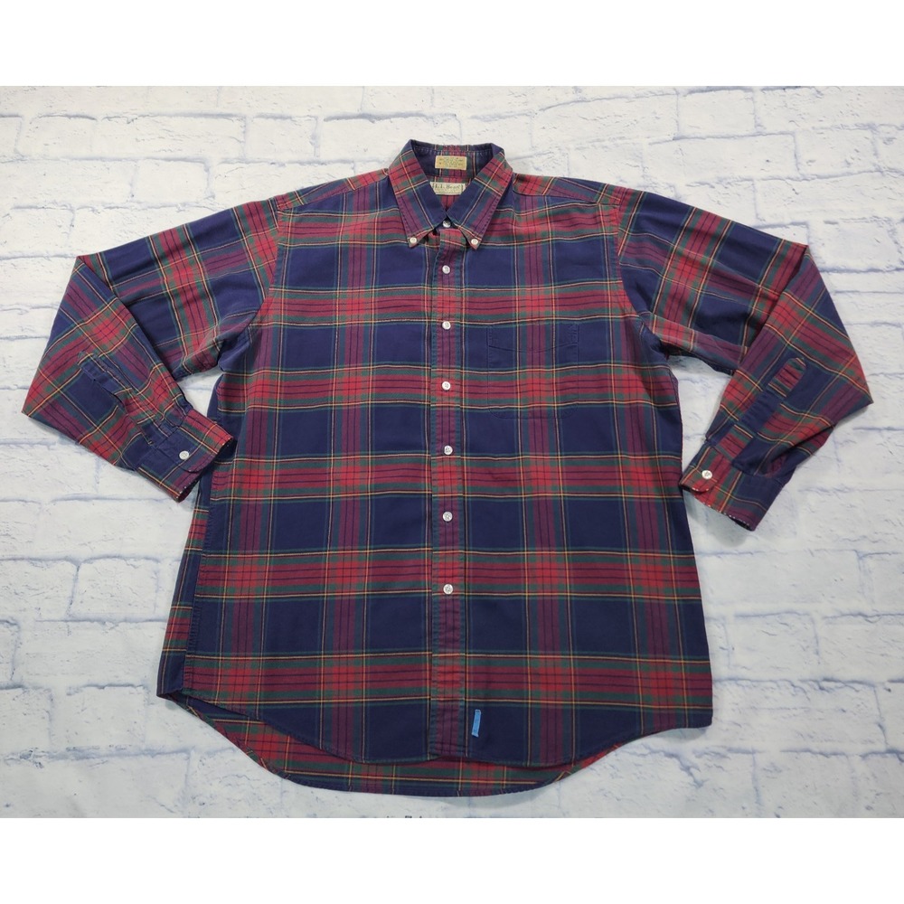 LL Bean Shirt MENS 16.5-34 Red Blue Plaid Single Needle Long Sleeve MADE USA VTG